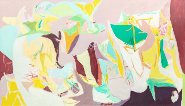 Mary Abbott (1921-2019) Krug, 1976 Signed at lower center: M. Abbott; signed, dated and inscribed with the title, directional arrows, and the artist's inventory number on verso: KRUG / 1976 / M. Abbott / MAC 1-218 Oil on canvas 48 x 83¾ inches 121.9 x 212.7 cm SOLD