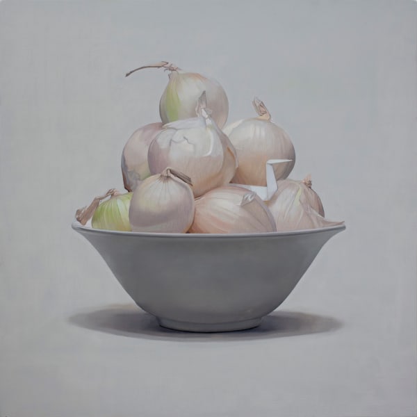 Jonathan Dalton White Swan and White Onions, 2020 Oil on Board 60 x 60cm