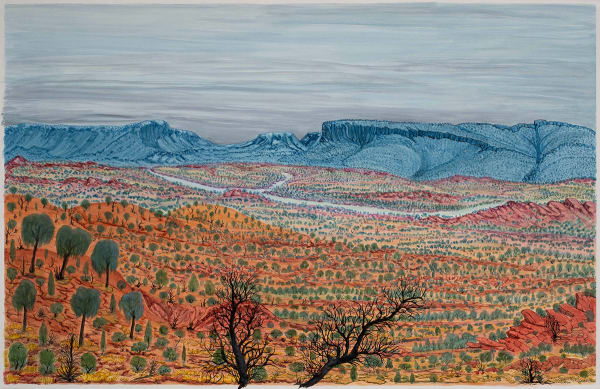 Selma Coulthard Watarrka (Kings Canyon) Landscape, NT WAC386-23, 2023 Watercolour on paper, framed 64 x 99.5cm