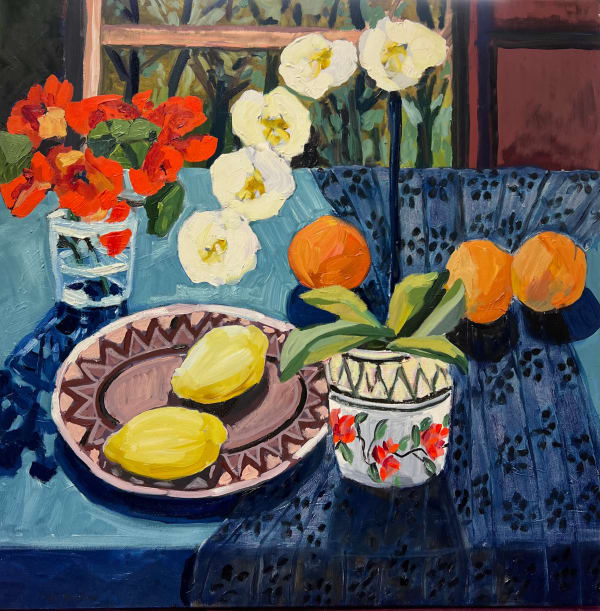 Kate Nielsen Orchid with blue cloth, 2023 Oil on Linen, framed 60 x 60cm