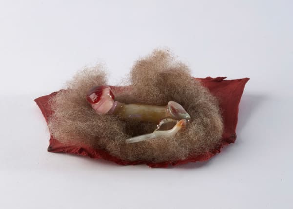 Floria Tosca Cabinet of Near Misses - Anger #7, 2024-25 Borosilicate glass and sheep wool on cane toad skin 5 x 12cm dimensions variable