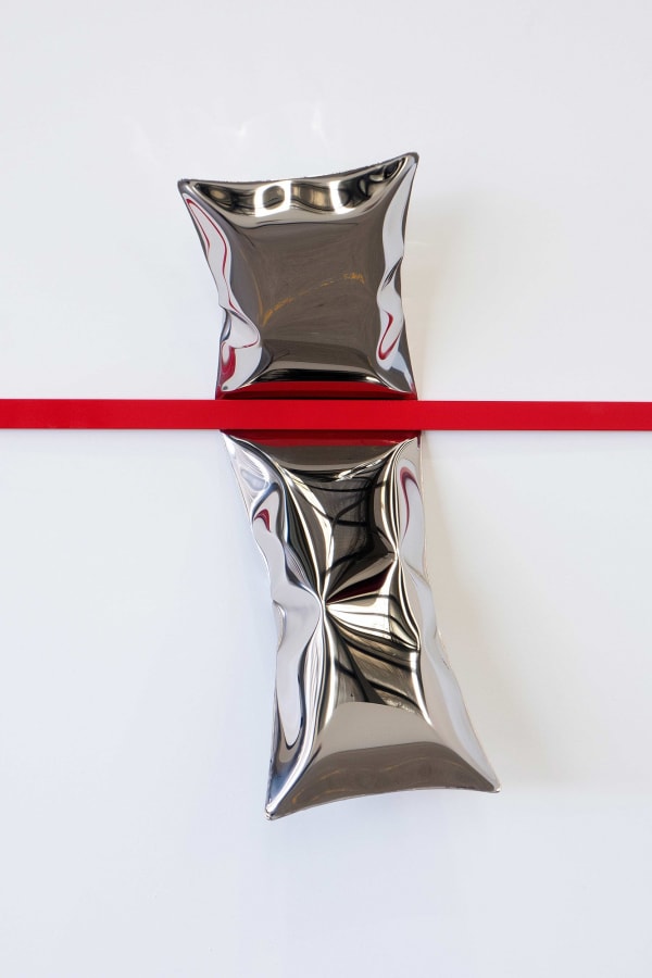 Braddon Snape Act of Suppression (Redline), 2023 Welded, cold inflated and mirror polished stainless steel. Painted steel and stainless steel hardware. H: 52cm W: 75cm D: 14cm