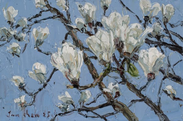 Jun Chen Blue Sky with flowers, 2026 Oil on gessoed panel 20 x 30cm