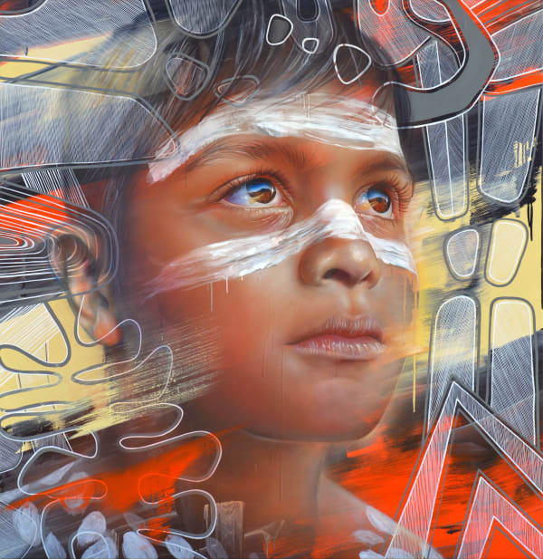 Matt Adnate Marreyt Alam Meen - In the hands of the Ancestors (Collaboration with Tommy Day), 2025 Spray Paint and Acrylic on Linen 160 x 165cm