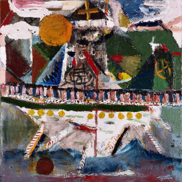 James Drinkwater I am a boat TCOML 9, 2024 Oil on board with ornate frame 71 x 71cm