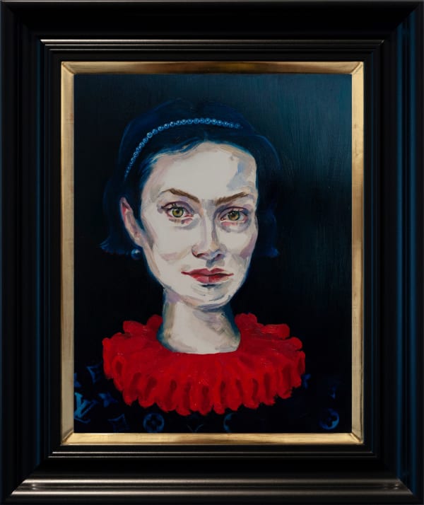 Dee Smart Olivia , 2019 Oil on board, screenprint, water gilded frame 60 x 55cm framed