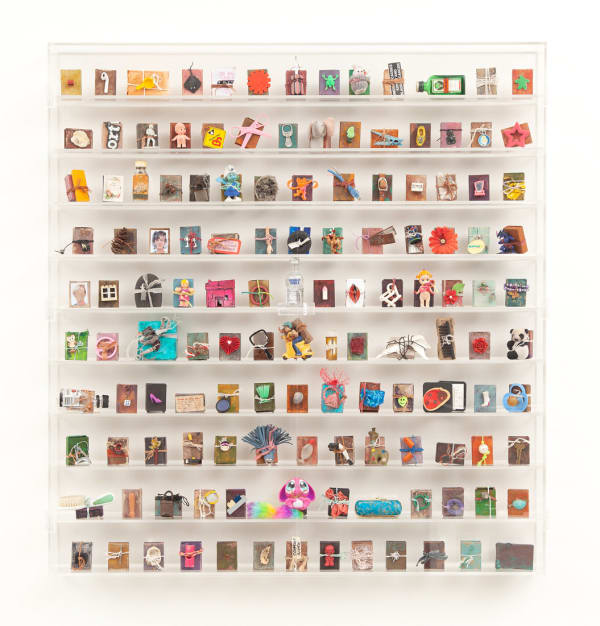Jody Graham Treasures of Truth - Wild Thing 2, 2024 Installation in acrylic cabinet, over one hundred decorated boxes, small bottles and objects containing personal inventory notes 107cm x 112cm