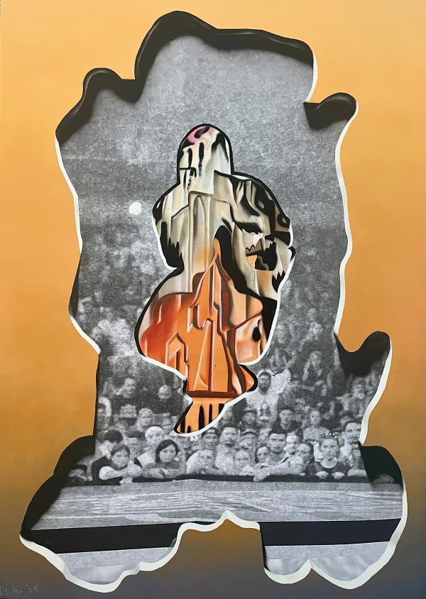 Matt Coyle Performance, 2025 Acrylic, enamel and printed image on canvas 130 x 92cm