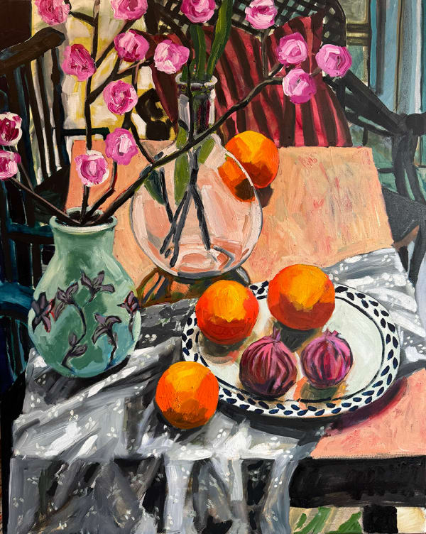 Kate Nielsen Green vase with cherry blossom, 2024 Oil on linen 75 x 60cm