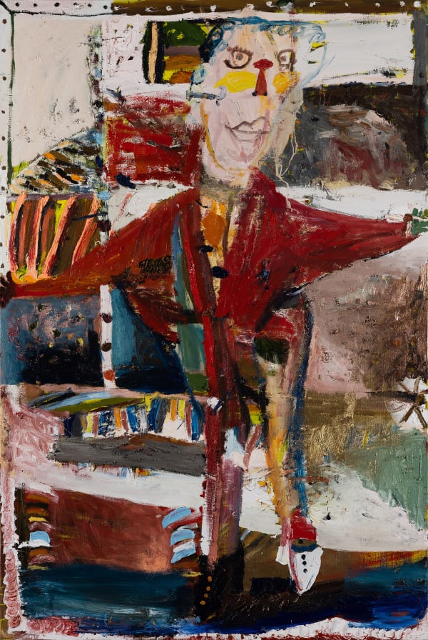 James Drinkwater Julian with boats for shoes, 2023 oil on linen 183 x 122cm