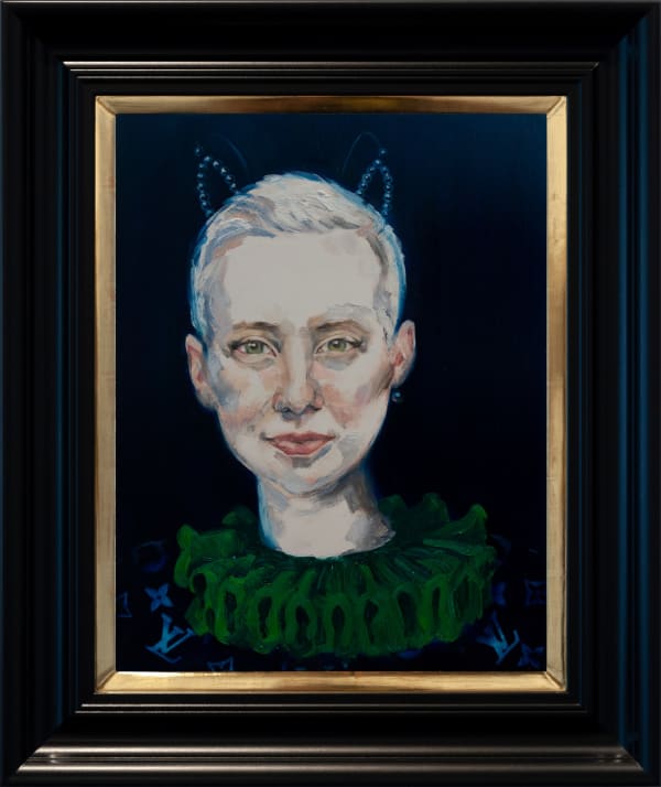 Dee Smart Kim , 2019 Oil on board, screenprint, water gilded frame 60 x 55cm framed