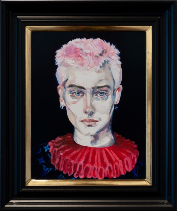 Dee Smart Jude, 2019 Oil on board, screenprint, water gilded frame 60 x 55cm framed
