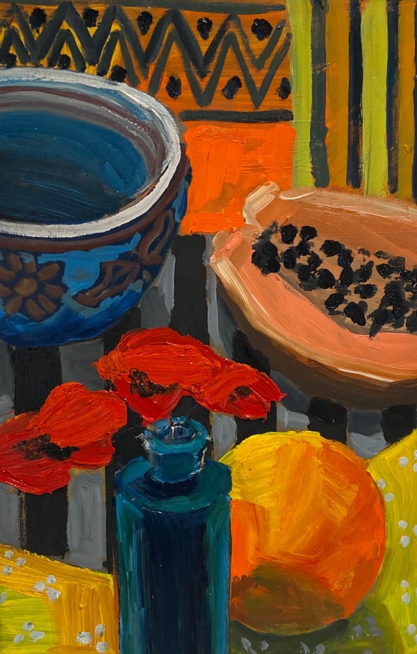 Kate Nielsen Paw paw and orange, 2025 Oil on gessoed panel 30 x 20cm