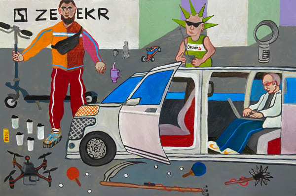 Nick Santoro Taking a meeting in the demo car at the Tech and Innovation Expo, 2025 Acrylic on board 20 x 30cm