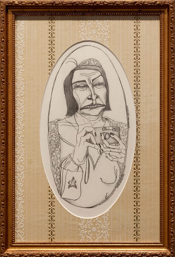 Caroline Zilinsky The Wallflower Photographer, 2004 Pencil, 1943 wallpaper on oval card with gold frame F. 52 x 35cm