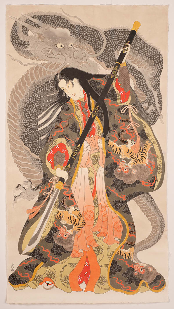 Yoshio Honjo Ryu to Onna Musha, 2023 Kumohadamashi Suihi-Enogu Sumi-ink 188 x 127cm