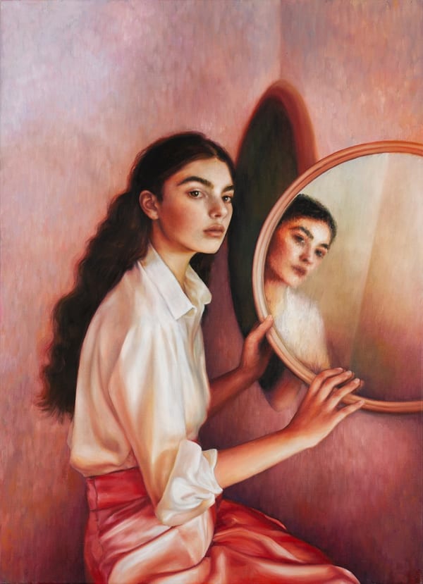 Nicola Higgins Woman with a round mirror in a pink room, 2024 oil on linen 91 x 66cm