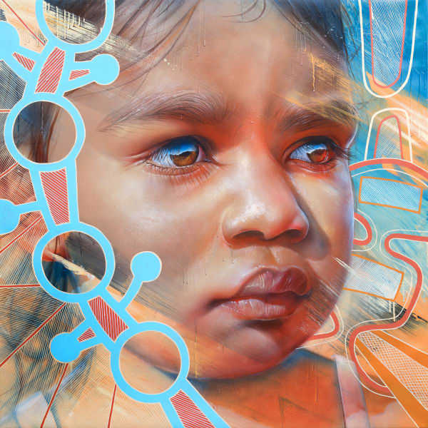 Matt Adnate Poorrpa Popok - Travelling Times (Collaboration with Tommy Day), 2025 Spray Paint and Acrylic on Linen 140 x 140cm