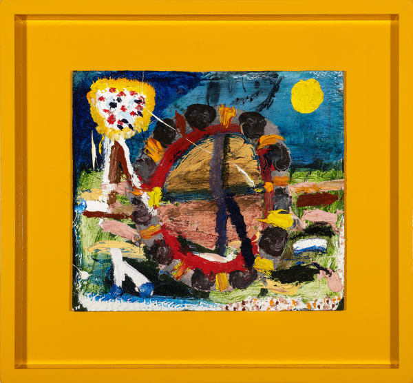 James Drinkwater Bathers on Lago Di Vico (study), 2025 Oil on hardboard with sungold frame 47 x 51cm (including frame)