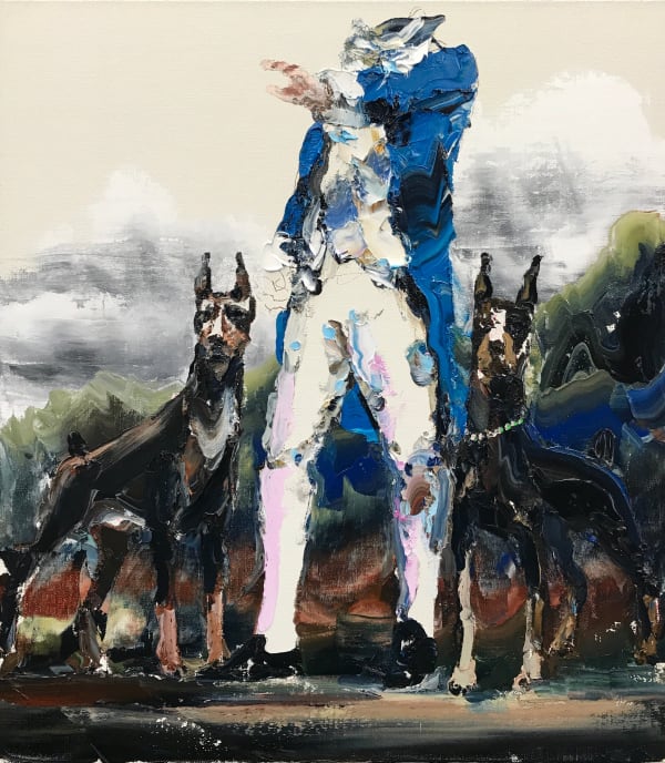 Paul Ryan Cook and Doberman , 2017 Oil on Linen 138 x 123cm