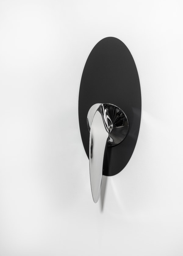 Braddon Snape Allusive Object - Small Dee, 2025 Welded, mirror polished and cold inflated stainless steel. Acrylic sheet. H: 63 W: 27 D: 15.3