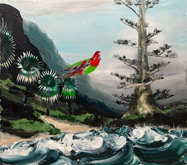 Paul Ryan Red and Green Rosella Little Austi , 2022 Oil on Linen 122 x 138cm