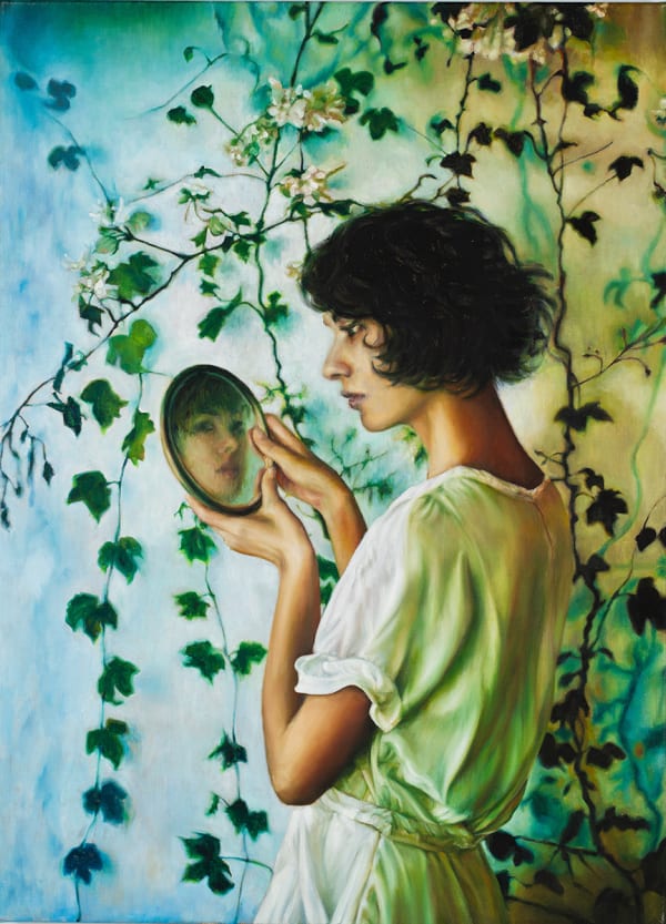 Nicola Higgins Woman with hand held mirror, 2024 oil on linen 91 x 66cm