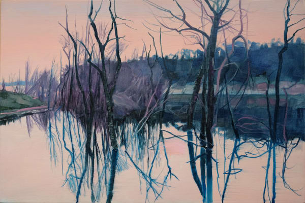 Nicholas Blowers Pond Reflection Orange Morning Sky, 2021 Oil on Board 30 x 38cm