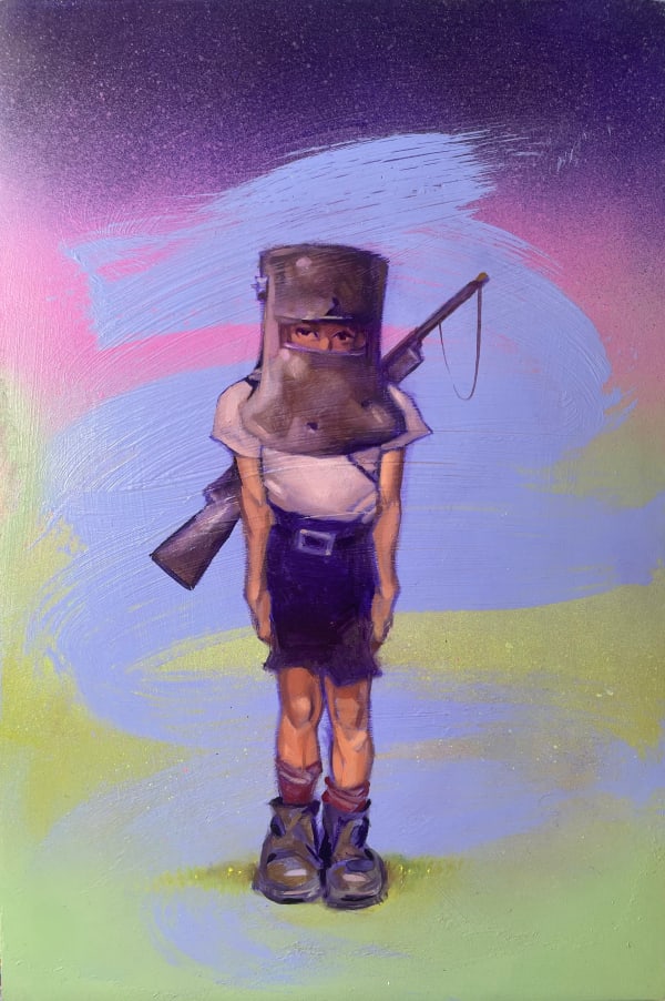 Leslie Rice Lil Ned has his photo taken, 2026 Oil on gessoed panel 30 x 20cm