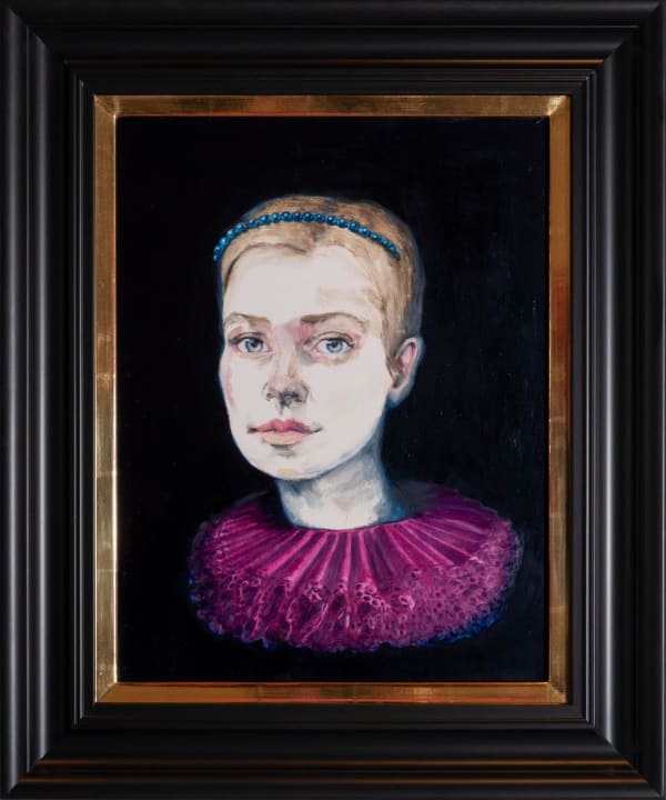 Dee Smart Pippa , 2019 Oil on board, screenprint, water gilded frame 60 x 55cm framed
