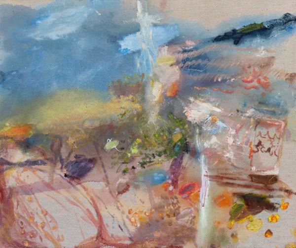 Stephanie Eather Orange trails on white weatherboards; want me to heat up a pie for you too?, 2025 Oil on recycled merino wool 76 x 92cm