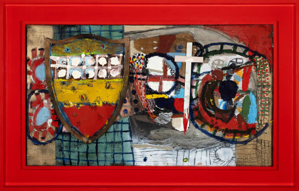 James Drinkwater Santa Rosa, 2011 - 2025 Assemblage and Carabinieri Red frame 108 x 168cm (including frame)