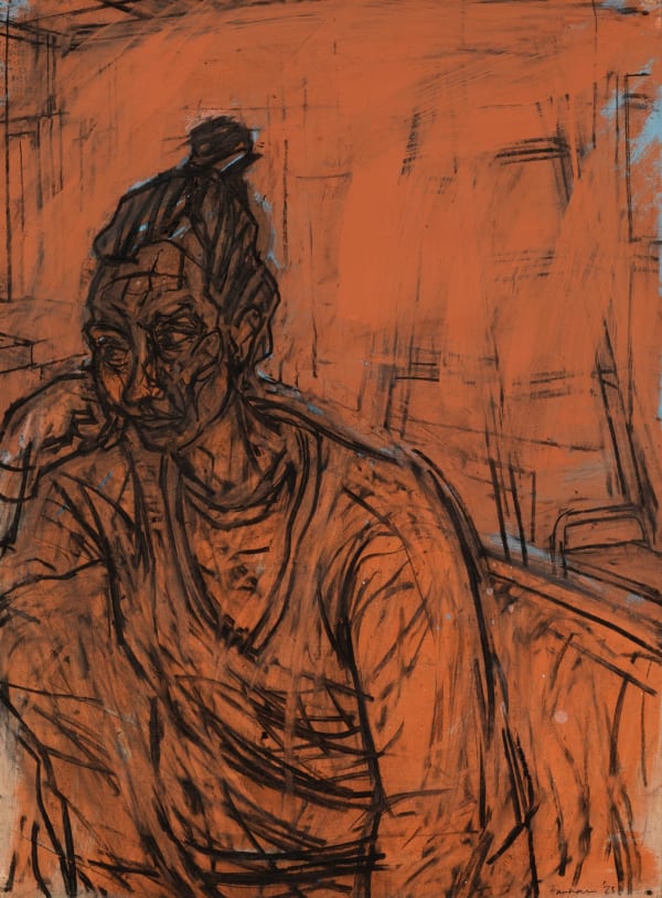 David Fairbairn Small Portrait of I.F. No.3, 2023 Acrylic, gouache, willow charcoal on paper, FX hand stained charcoal frame 76 x 56cm