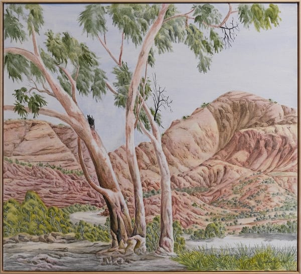 Kumantji (Hubert) Pareroultja Ghost Gum and Mount Hermannsburg -code 12012023, 2023 Acrylic on linen 101 x 112cm