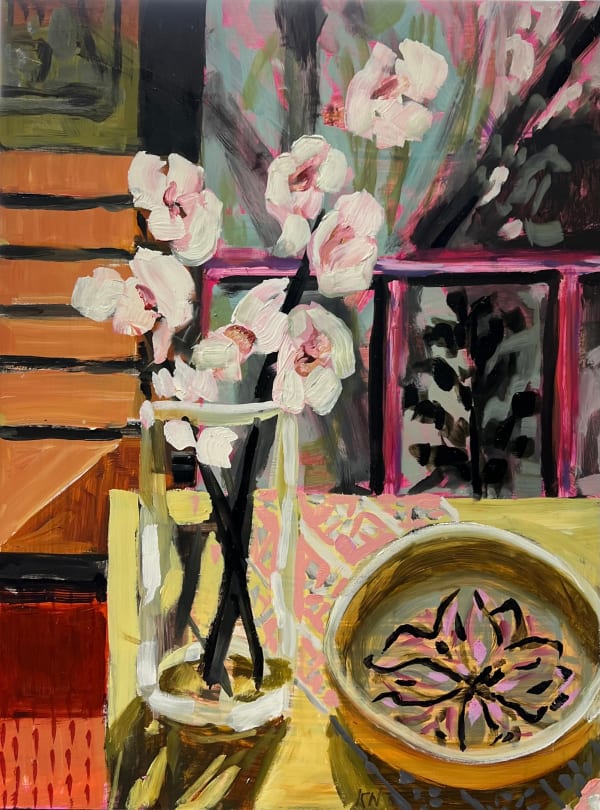 Kate Nielsen Yellow table with white Flowers, 2023 Oil on Board, framed 40 x 30cm