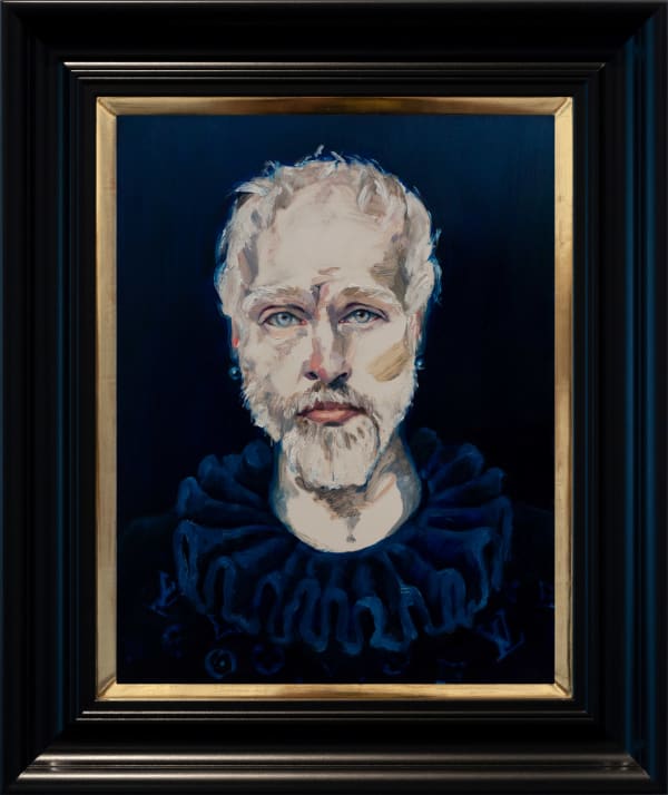 Dee Smart Chris , 2019 Oil on board, screenprint, water gilded frame 60 x 55cm framed
