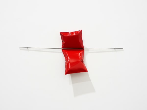 Braddon Snape A Little Restraint Welded, inflated and powdercoated stainless steel. Polished stainless steel rod and fixings. H: 28cm W: 70cm D: 8.5cm