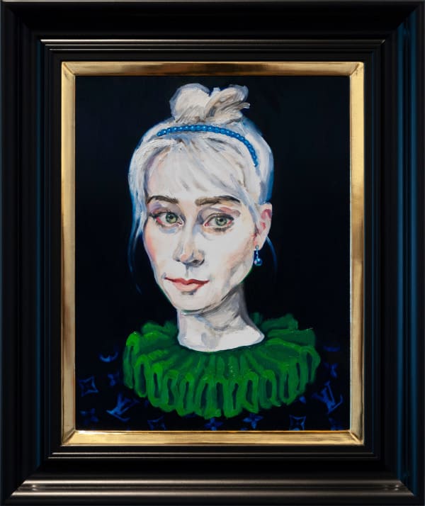 Dee Smart Lieschen 2019 Oil on board, screenprint, water gilded frame 60x55cm framed