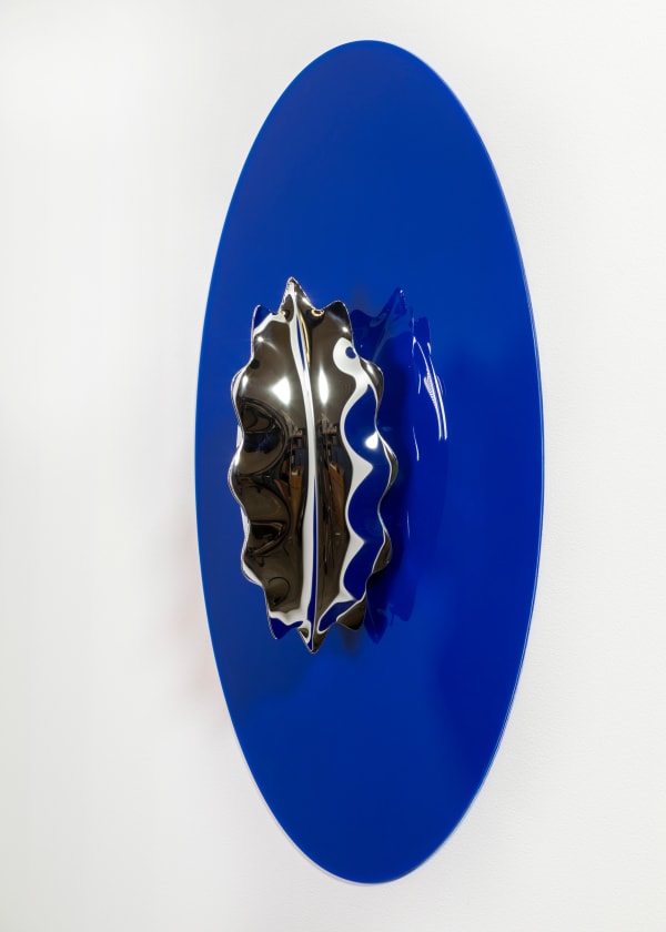 Braddon Snape Allusive Object - Pod on Blue, 2025 Welded, mirror polished and cold inflated stainless steel. Acrylic sheet. H: 65 W: 37.5 D: 12cm