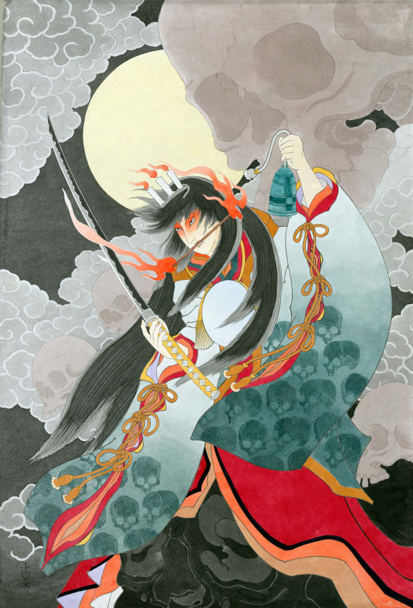 Yoshio Honjo Takiyashahime, 2020 Handmade Kozo paper, Sumi ink, Suihi-enogu (water dried pigment) 97 x 70cm paper size unframed