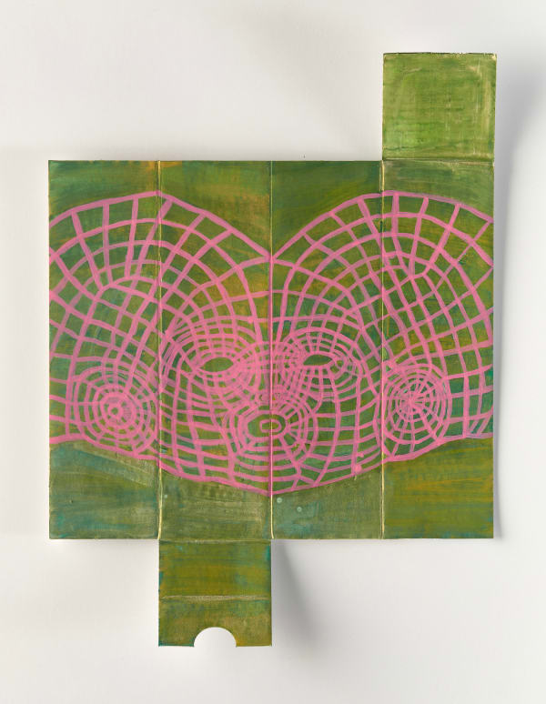 Floria Tosca Cabinet of Near Misses - Denial #10, 2024-25 Water based paint on paper packaging 21 x 21cm