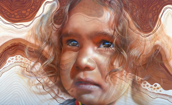 Matt Adnate Bulaan gii ma lee la mugiigu - Stronger Together (Collaboration with Nickolla Clarke), 2025 Spray Paint and Acrylic on Linen 122 x 200cm