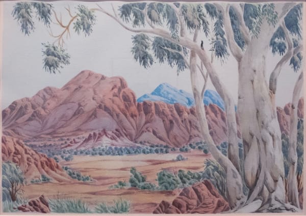 Kumantji (Hubert) Pareroultja Ghost Gum in Central Australian Landscape, 2023 4022023, 2023 Watercolour on paper, framed 71 x 101cm