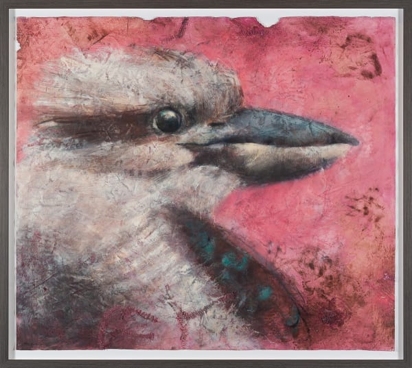 Jody Graham Getting Pinked - Kookaburra, 2021 Charcoal from 2019/2020 Black Summer bushfires fires, basalt soil, tree sap, ink, acrylic paint and hand stitching on paper Paper Size 113 x 128cm