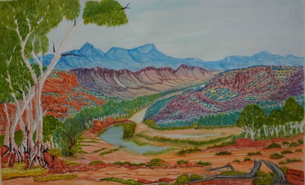 Selma Coulthard Tjoritja West McDonnell Ranges NT (Cat: 393-22) Watercolour on paper 62 x 97cm image size 93 x 123.5cm framed