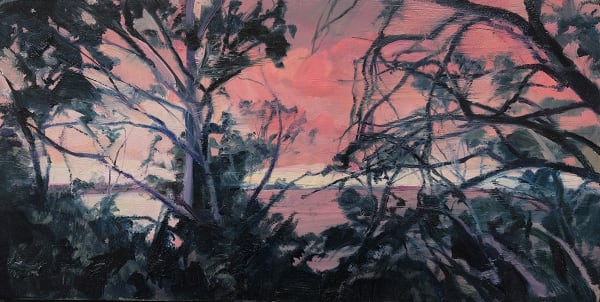 Nicholas Blowers Pink sky through gums II, 2024 Oil on board 15.5 x 31cm