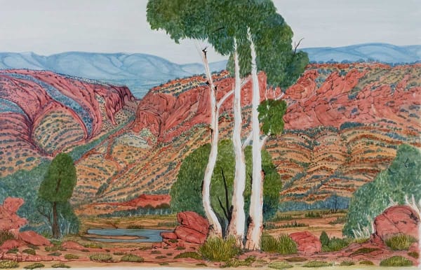 Selma Coulthard Waterhole near the Old Tempe Downs Station 21-23, 2022 Watercolour on paper 93x124cm