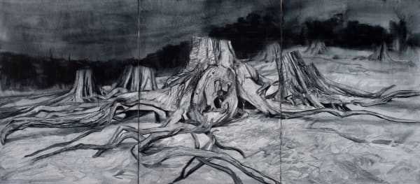 Nicholas Blowers Shoreline Relic Study 2017, 2017 Oil on panel 30x68cm, triptych