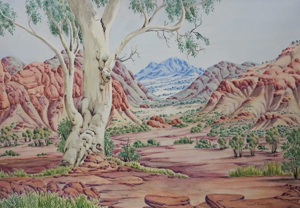 Kumantji (Hubert) Pareroultja Uruna Tjina (James Range, NT) cat no.271-22 Watercolour on paper 75x106cm