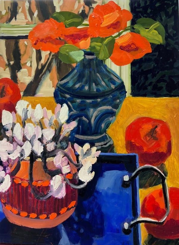 Kate Nielsen Blue glass tray with flowers, 2023 Oil on Board, framed 40 x 30cm